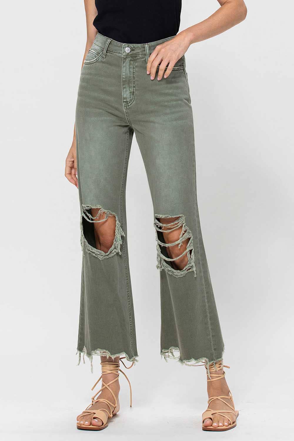 90S VINTAGE HIGH RISE CROP FLARE JEAN V2738: ARMY GREEN