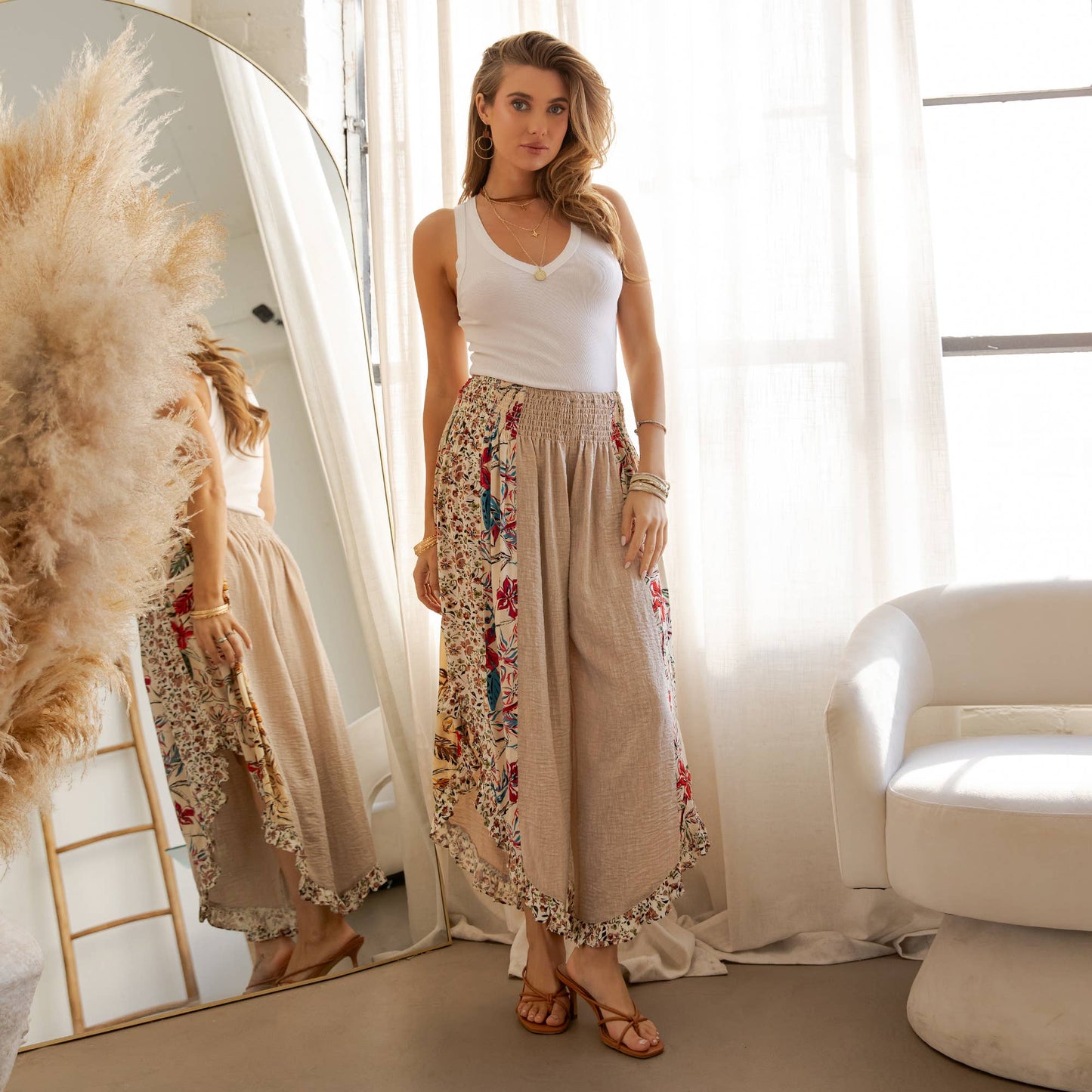 Artisan Boho Floral Panel Smocked Waist Wide-Leg Pants NEW