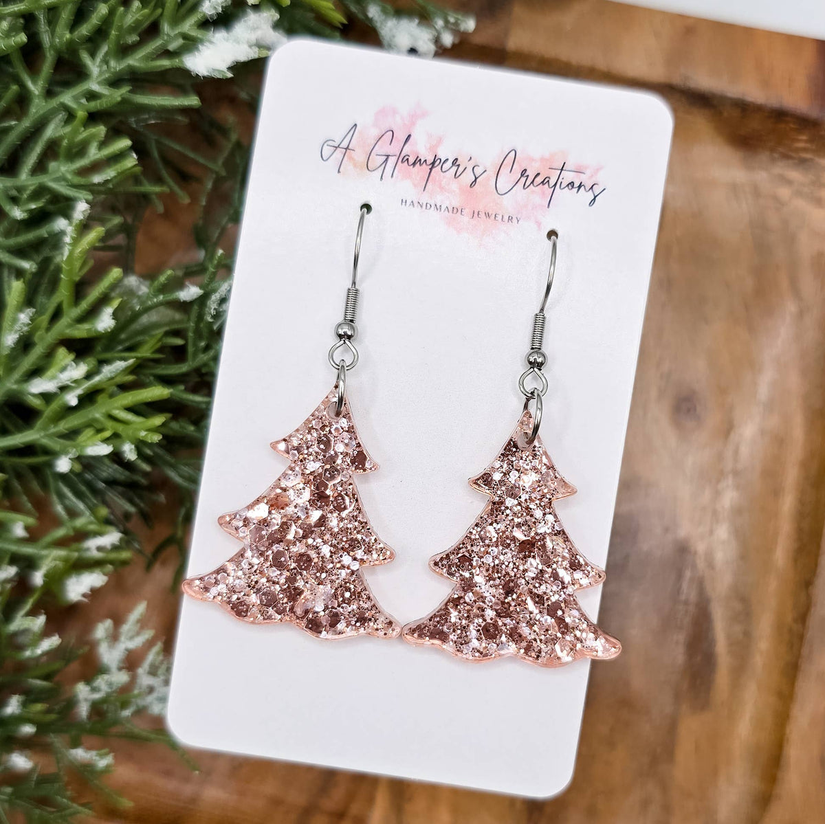 Rosegold Chunky Glitter Christmas Tree Acrylic Earrings