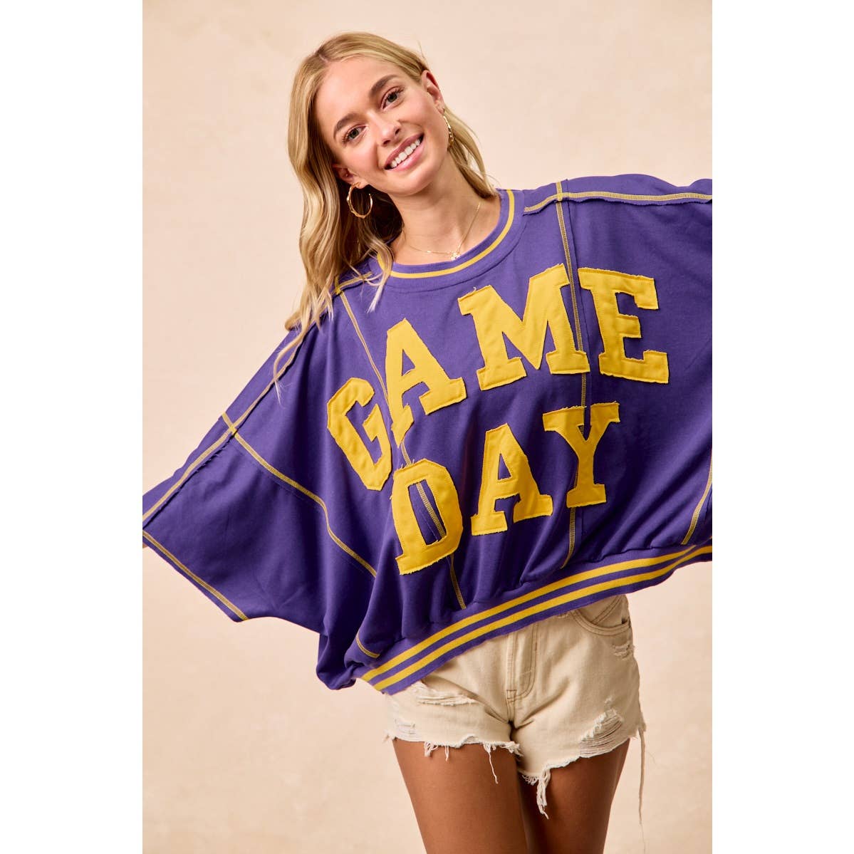 GAMEDAY PATCHWORK STITCH DETAIL FRENCH TERRY TOP