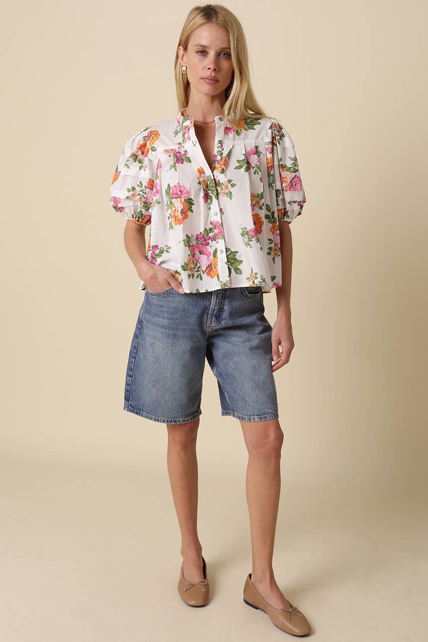 Megan Floral Puff-Sleeve Blouse