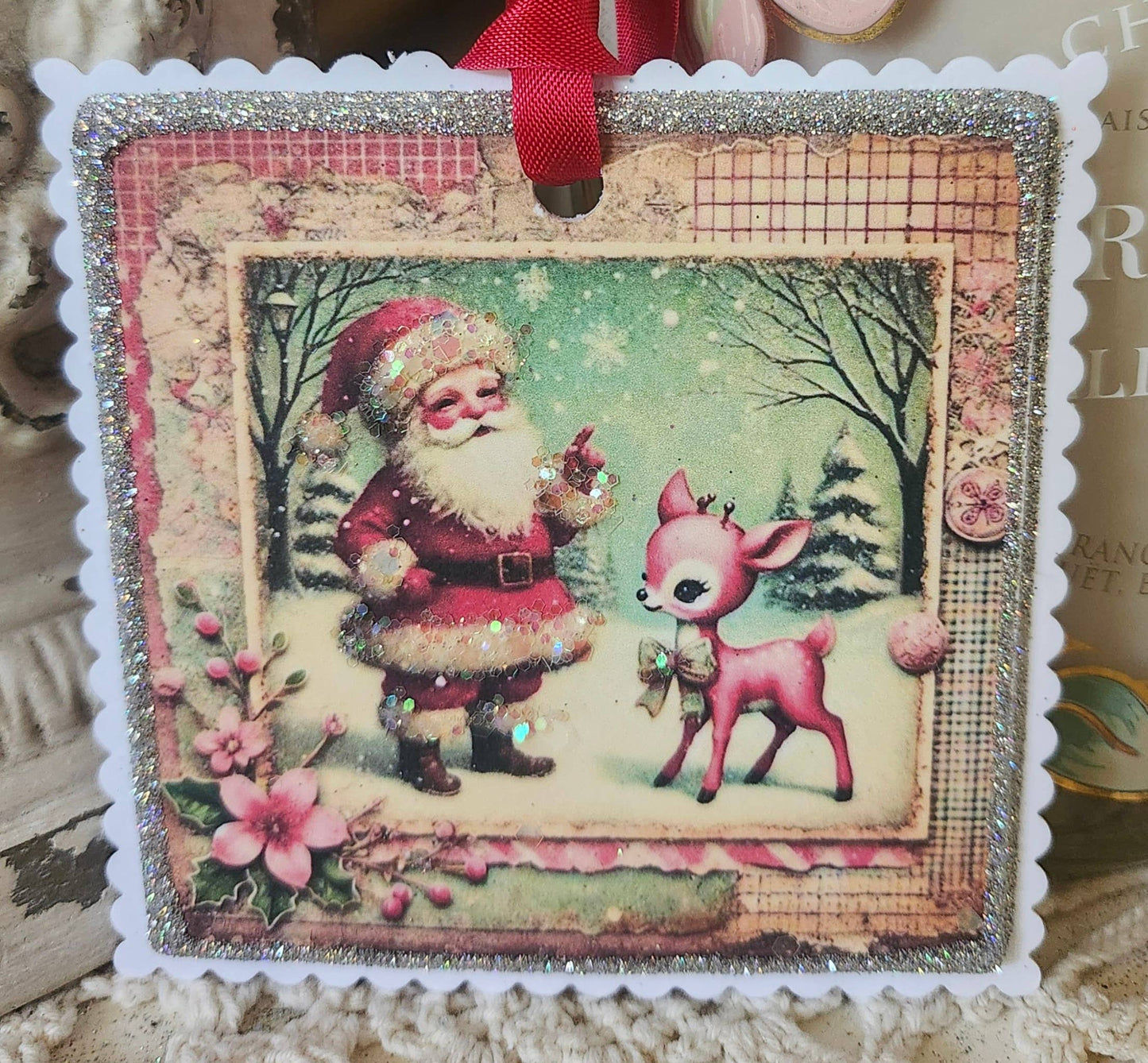 Christmas Gift Tag Retro Santa & Deer Glitter