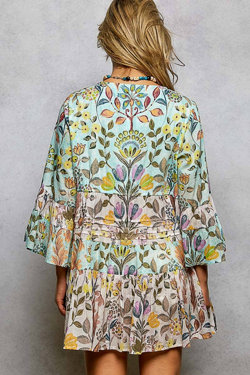 3/4 Sleeveless V-neck Seashell Shape Printed Woven Dress