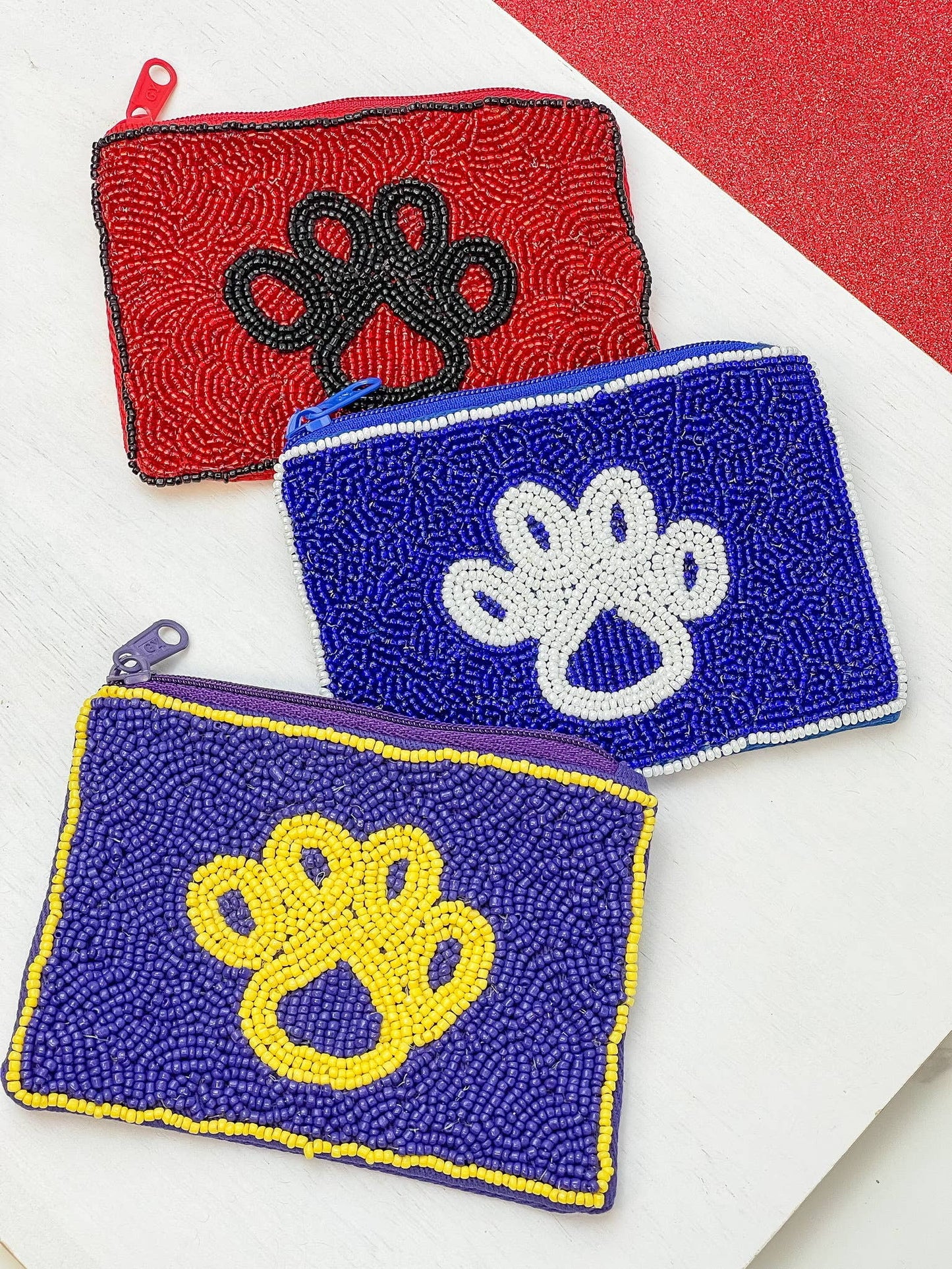 Paw Print Beaded Zip Pouches - Purple & Yellow