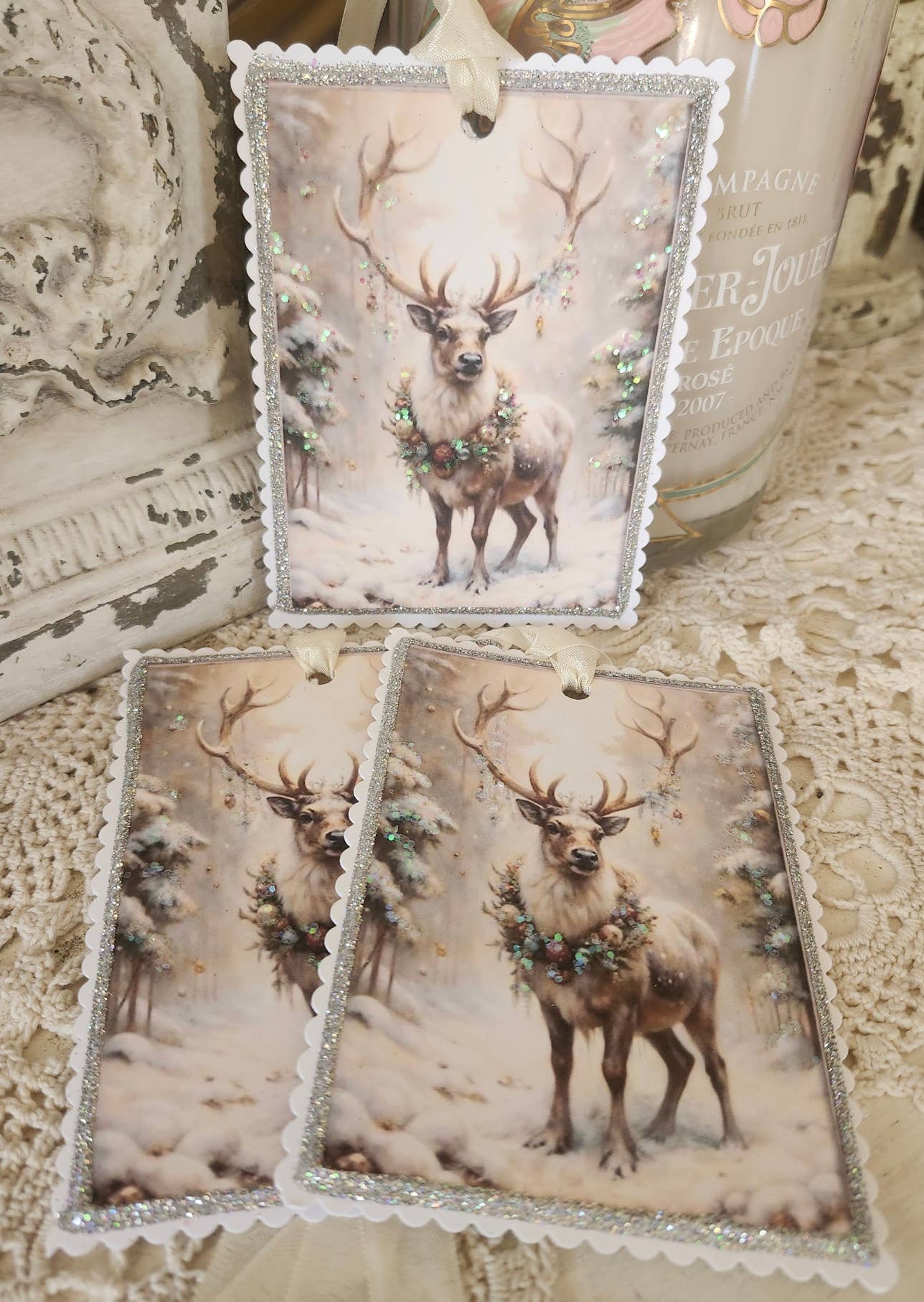 Christmas Gift Tag Gorgeous Deer n Wreath Glitter