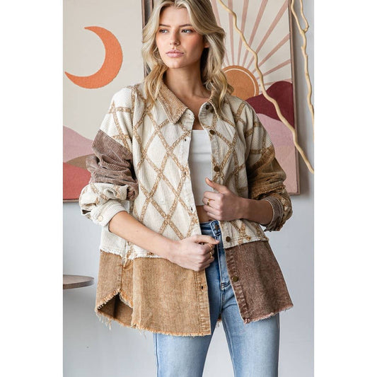 WASHED CORDUROY COLORBLOCK BUTTON DOWN SHACKET