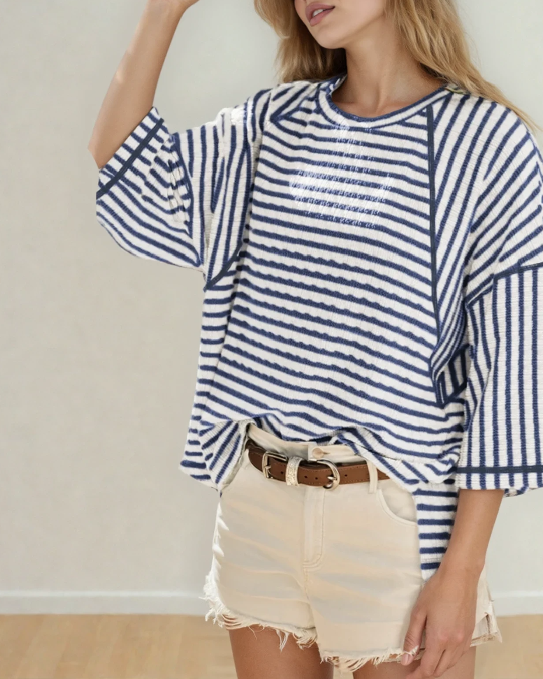 Noelle Textured Knit Top | Blue Stripe Tee | Split Hem