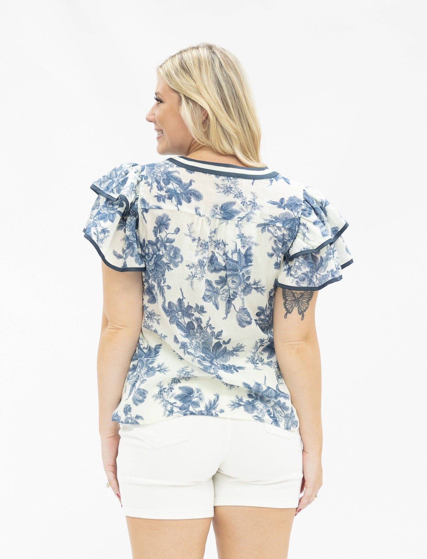 V-Neck Flutter Sleeve Top, Blue Floral