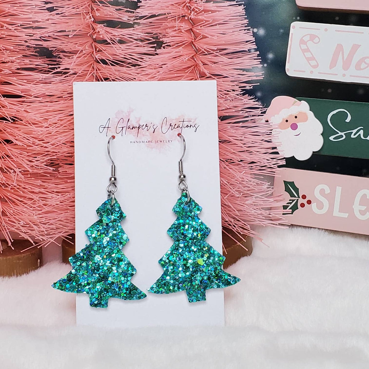 Turquoise Glitter Christmas Tree Leather Earrings