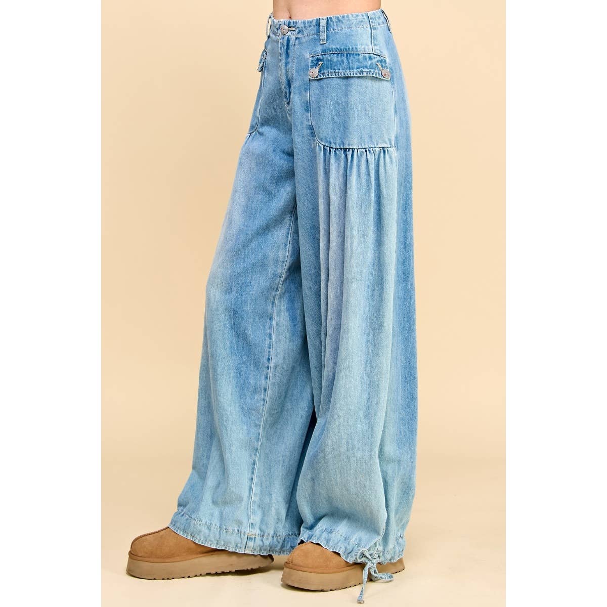 Ankle Drawstring Wide Denim Pants