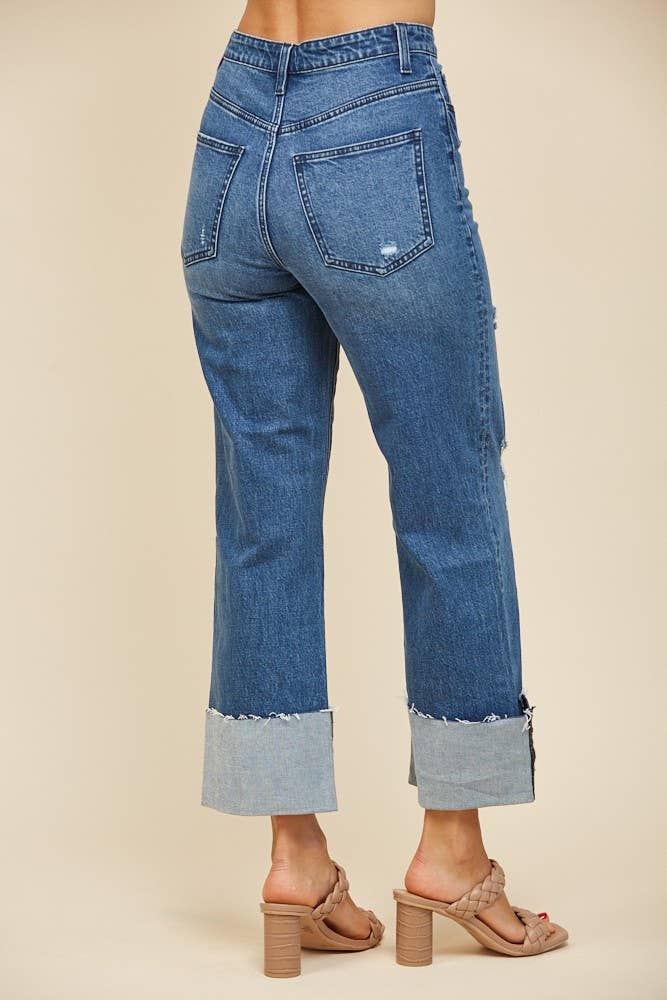 STRAIGHT LEG BOYFRIEND FIT CUFFED JEANS -DENIM