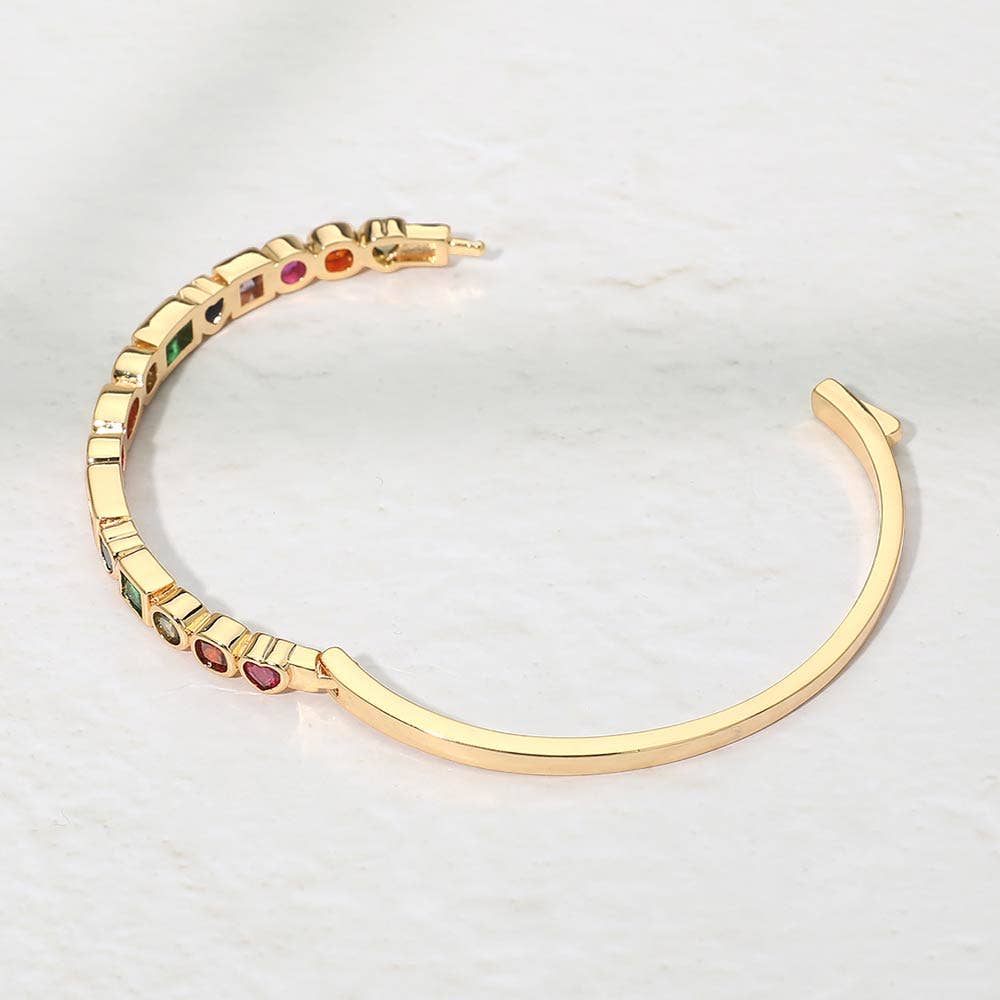 14K Gold Plated Mixed Shaped CZ Bezel Around Hinged Bangle Bracelet