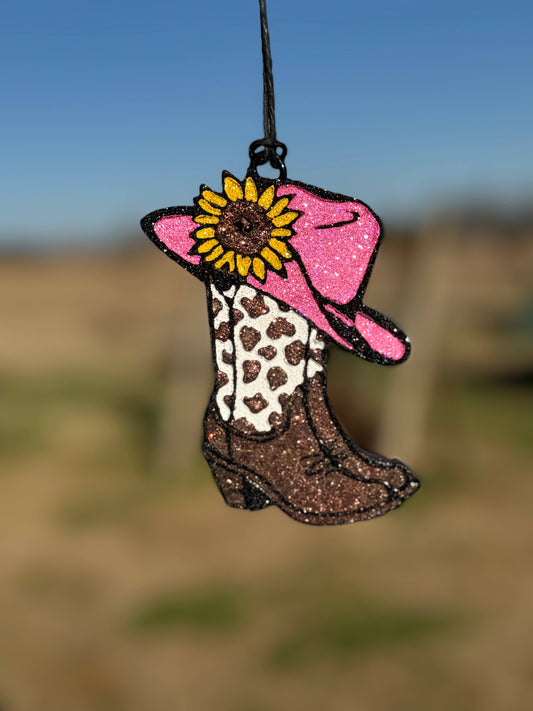 Cowgirl Hat & Boots with Sunflower Car Freshie/Car Scent