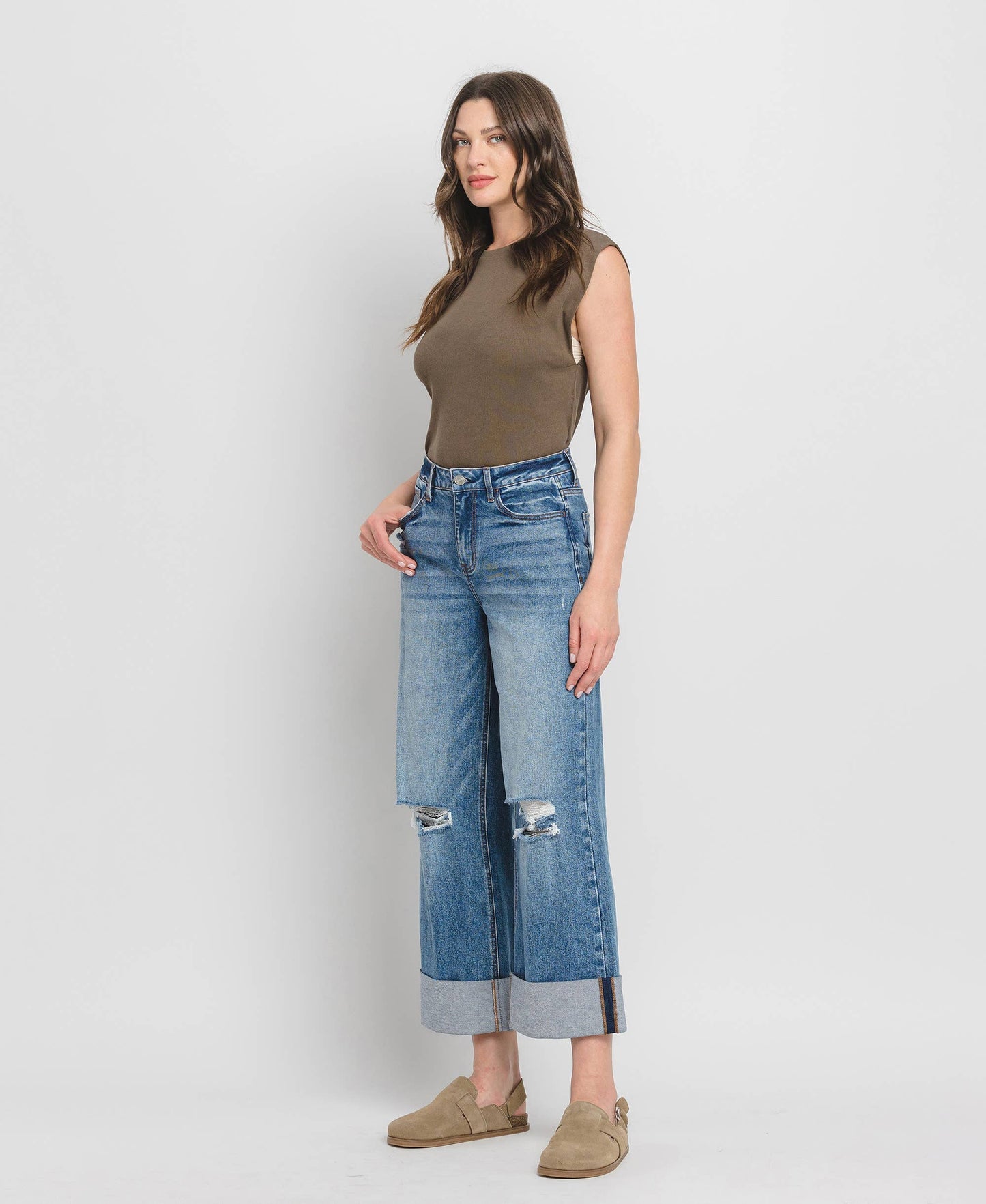 SUPER HIGH RISE DOUBLE CUFFED BAGGY WIDE JEANS LV1459