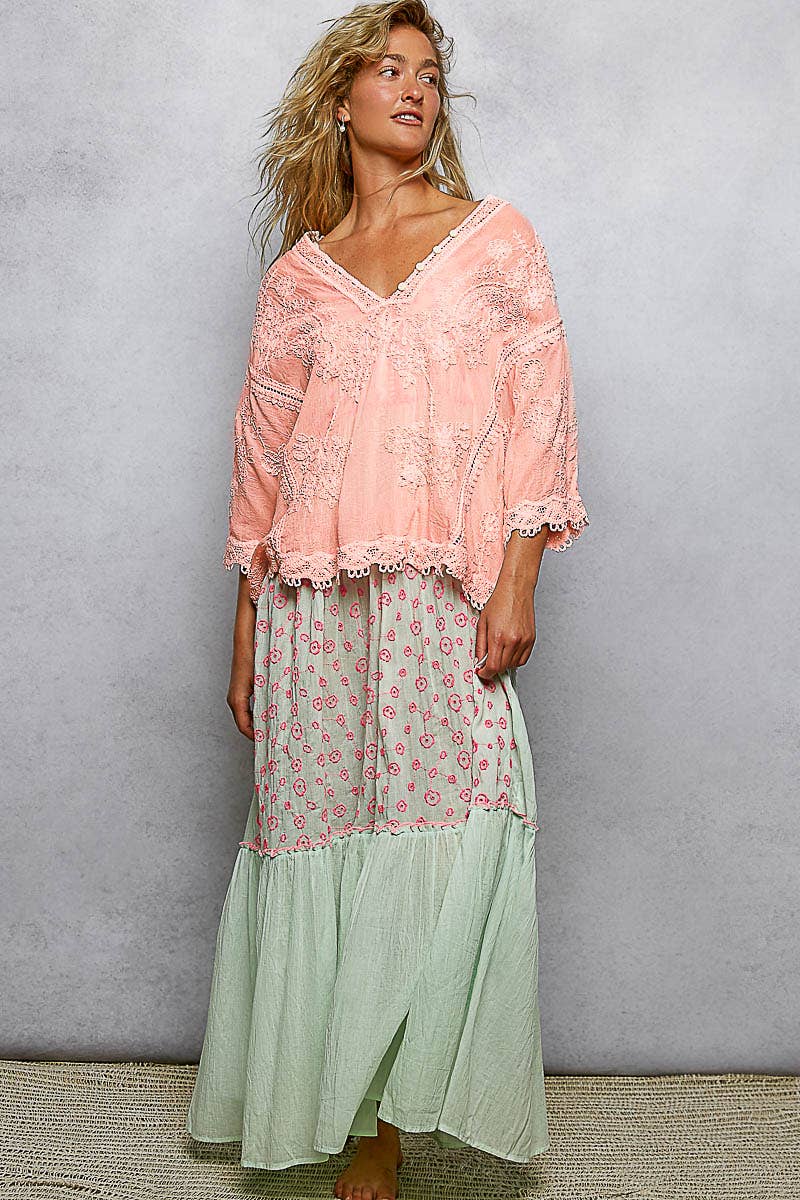 V-neck Short Sleeve Floral Embroidered Crochet Blouse Top