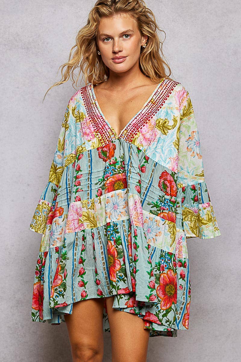 3/4 Sleeveless V-neck Seashell Shape Printed Woven Dress