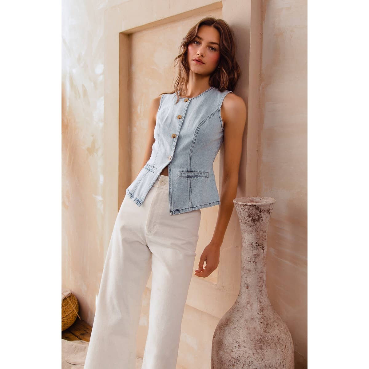 SLIM FIT BUTTON FRONT DENIM VEST TOP