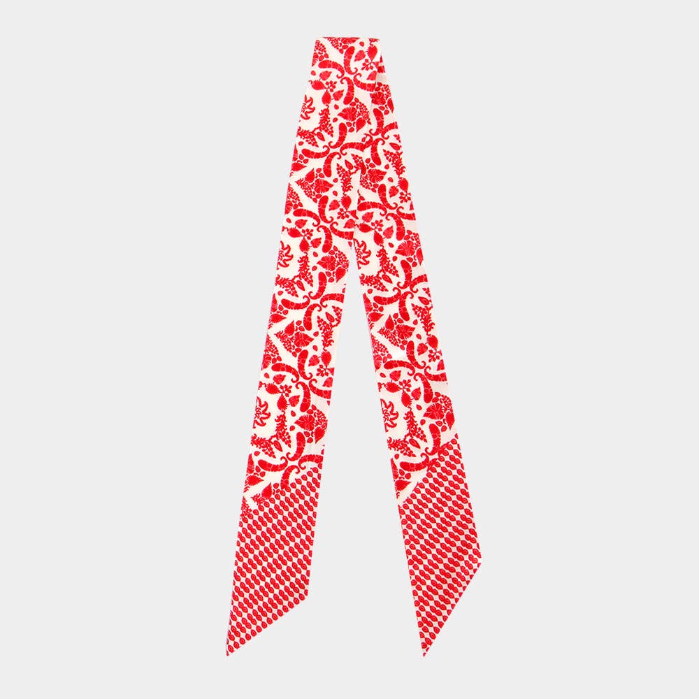 Classic Vintage Floral Motif Print Silk Feel Twilly Skinny Scarf