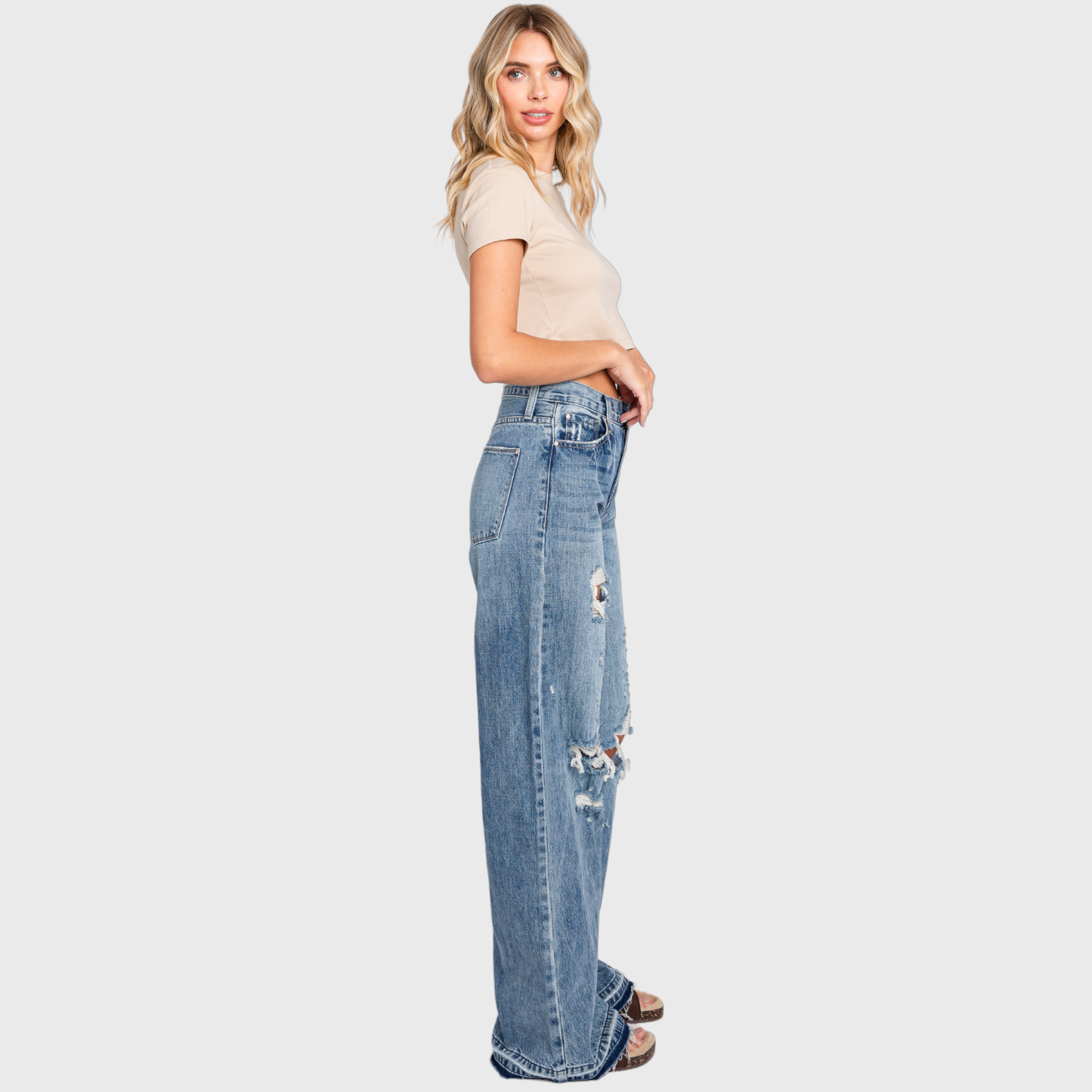 DISTRESSED HIGH RISE RIGID VINTAGE WIDE LEG JEANS