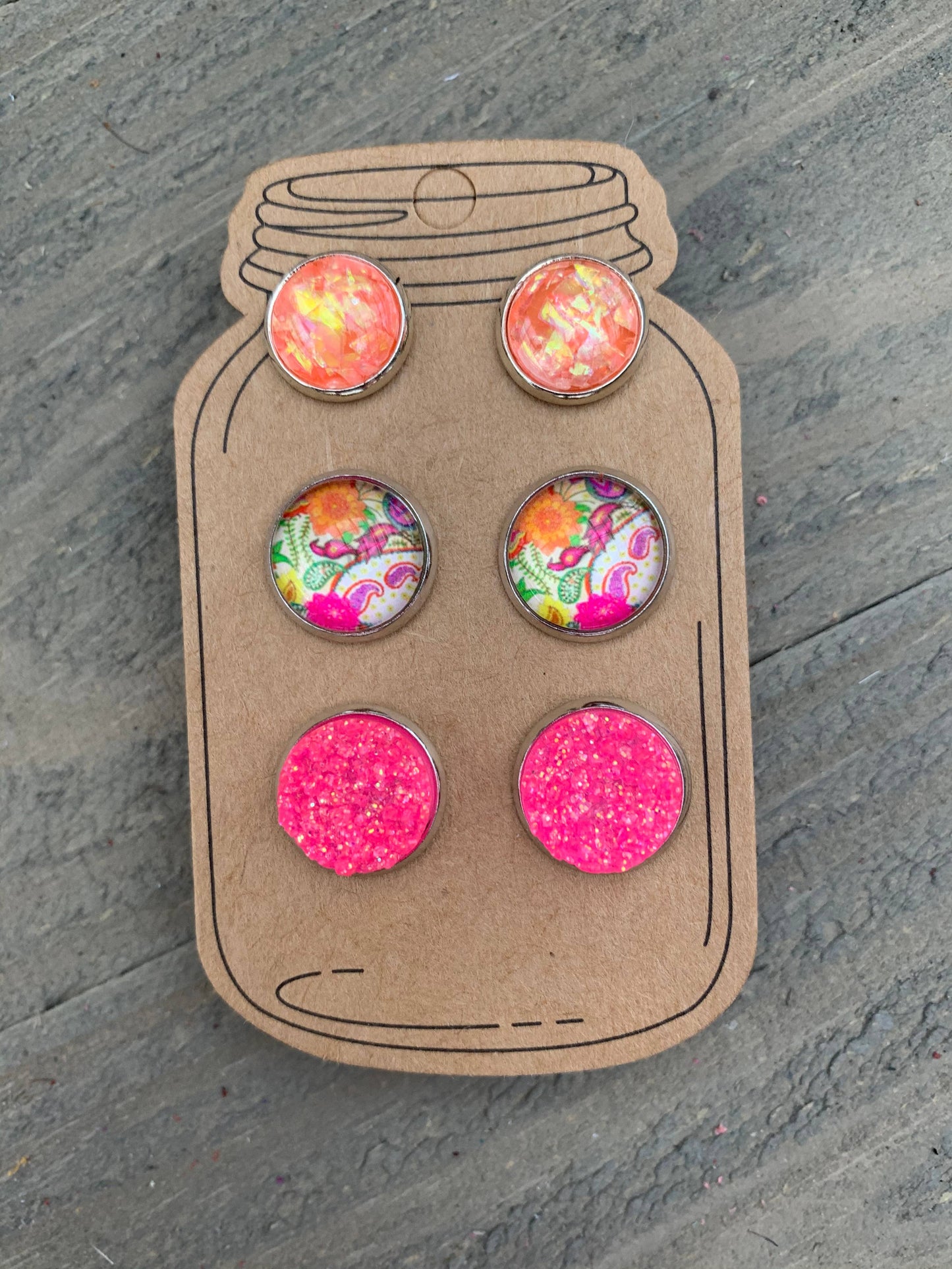 Pink and Coral Floral Triple Faux Druzy 3 Earring Set