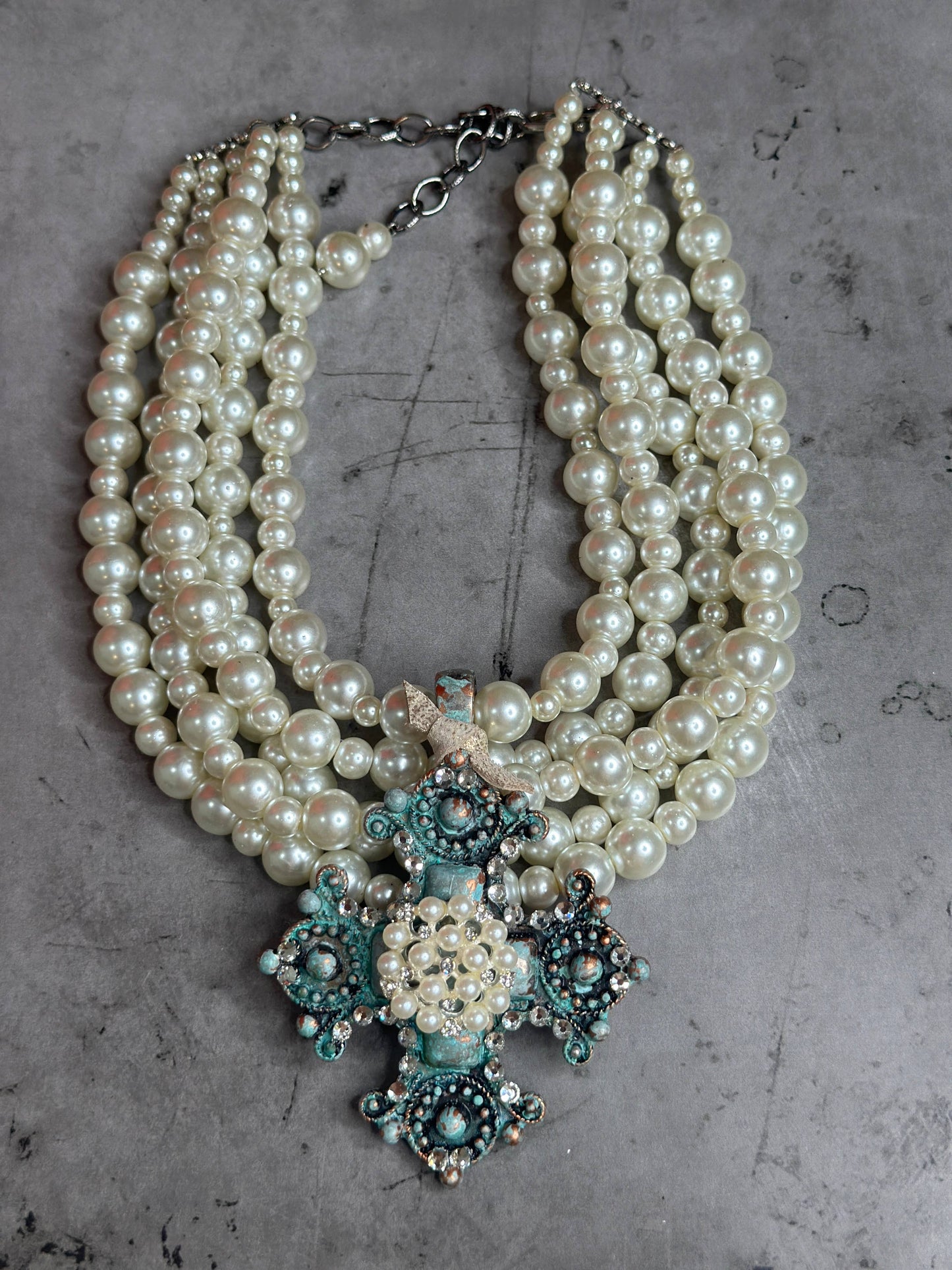 5 Strand Pearl Turquoise Cross Necklace