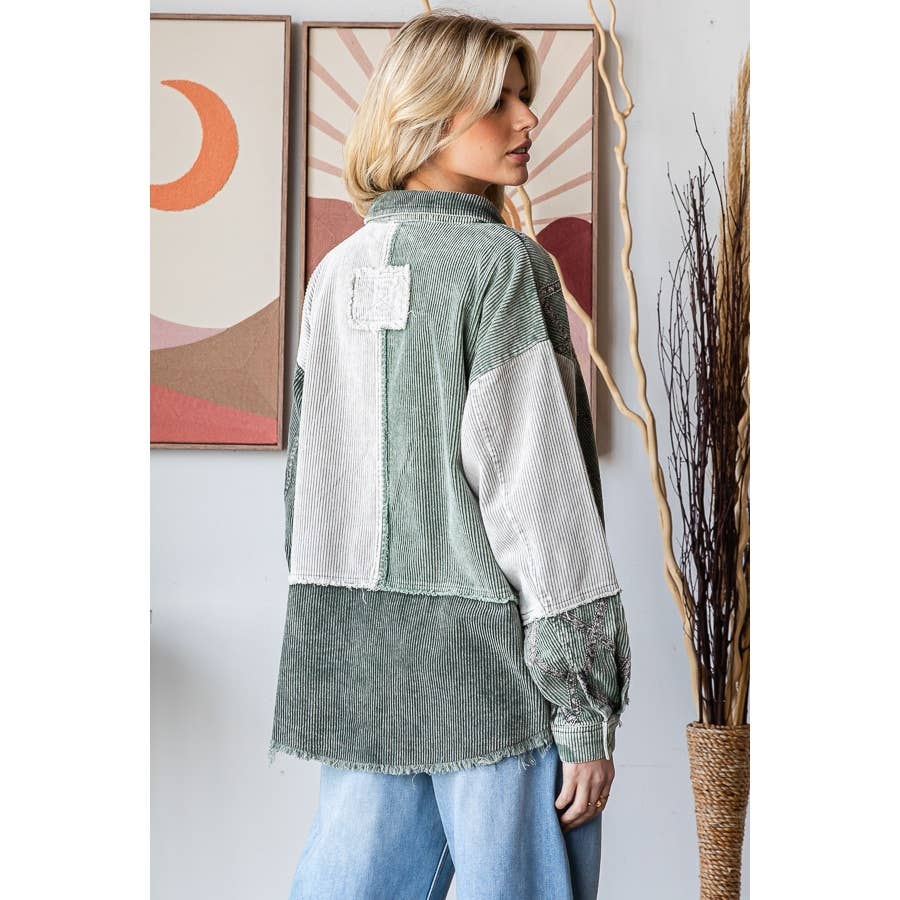 WASHED CORDUROY COLORBLOCK BUTTON DOWN SHACKET