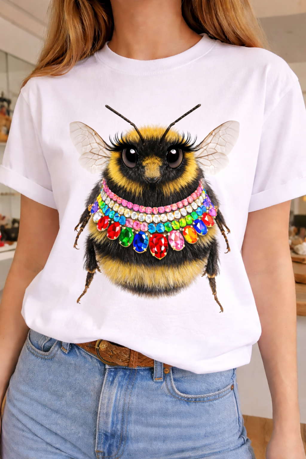 Jeweled Collar Bee on White Or Natural Crew