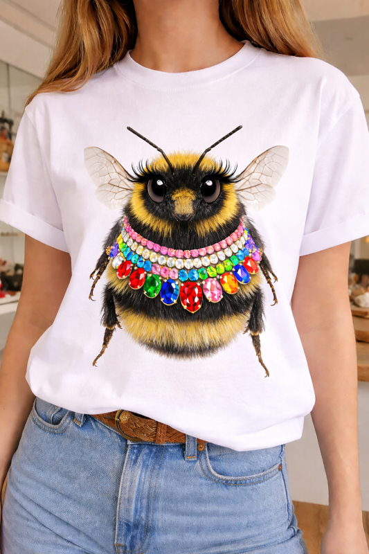 Jeweled Collar Bee on White Or Natural Crew