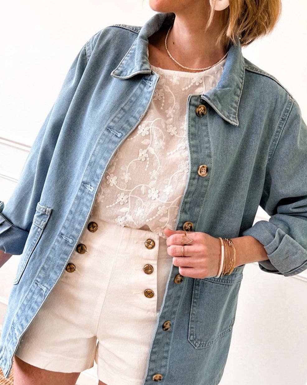 Denim Button Front Pocketed Jacket