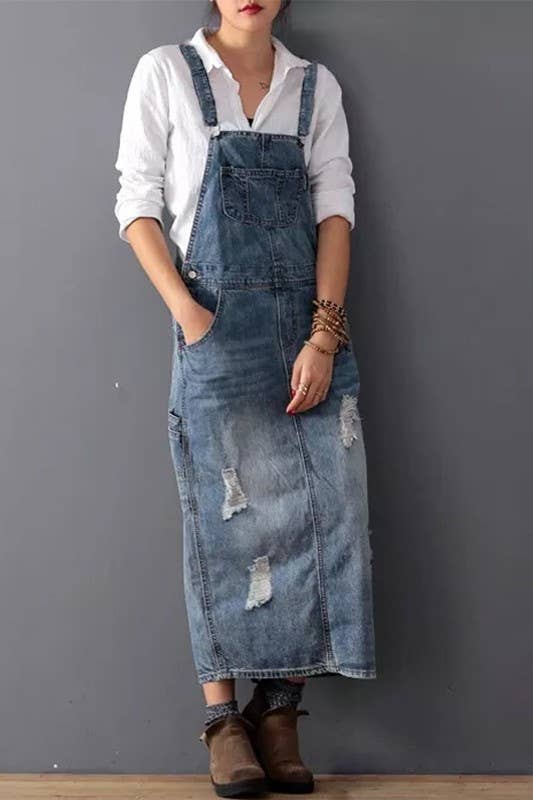 Distressed Ripped denim overall dress
