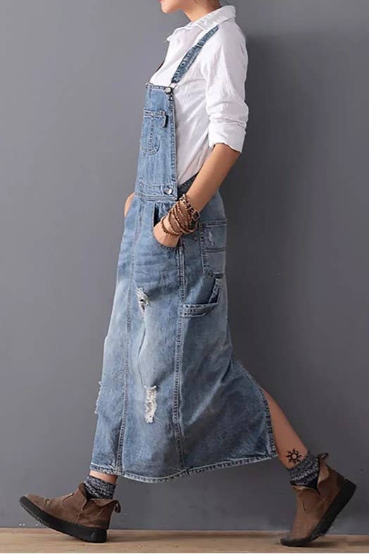 Distressed Ripped denim overall dress
