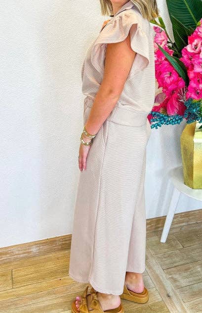 Textured Ruffled Sleeve Zipped Top and Wide Leg Pants Set