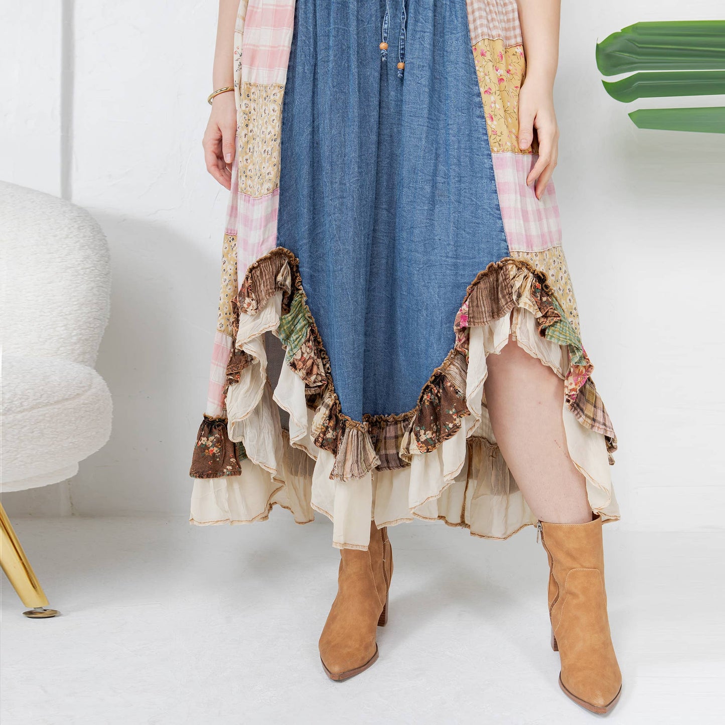 Western Boho Chic: Patchwork Midi Skirt