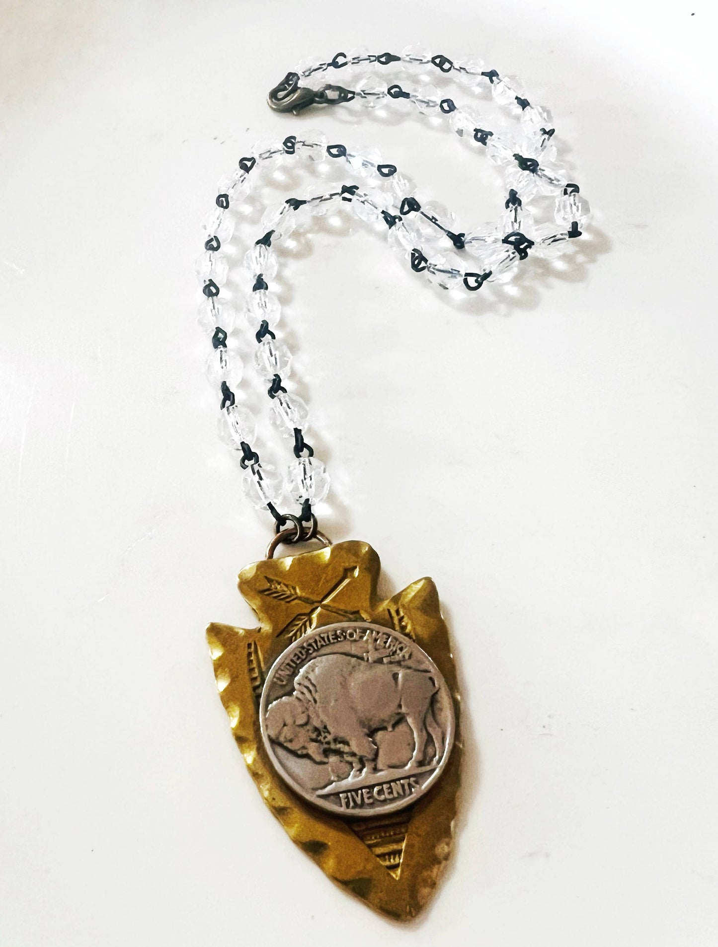 Brass Arrowhead Buffalo Nickel Western Beaded Chain Necklace