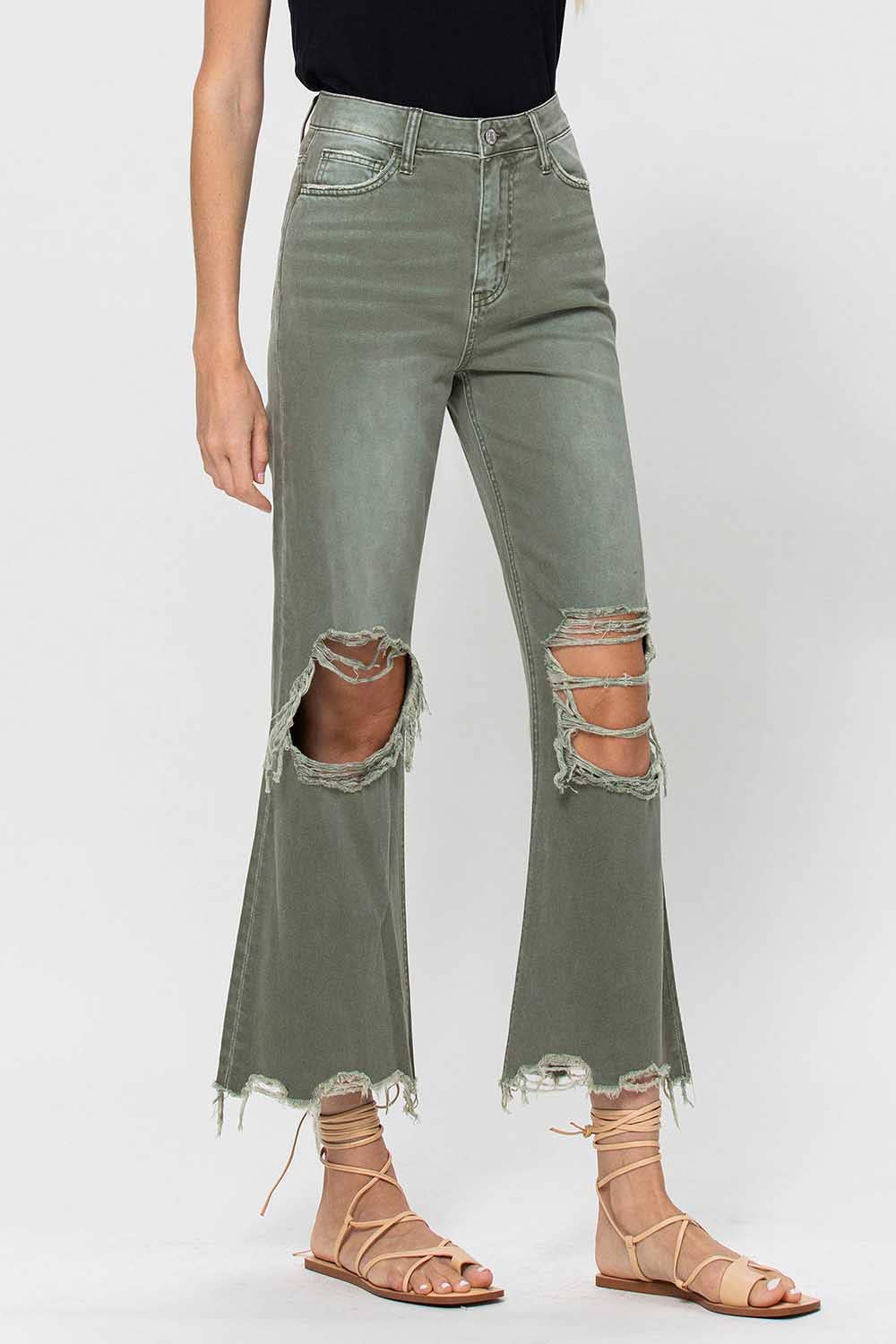 90S VINTAGE HIGH RISE CROP FLARE JEAN V2738: ARMY GREEN