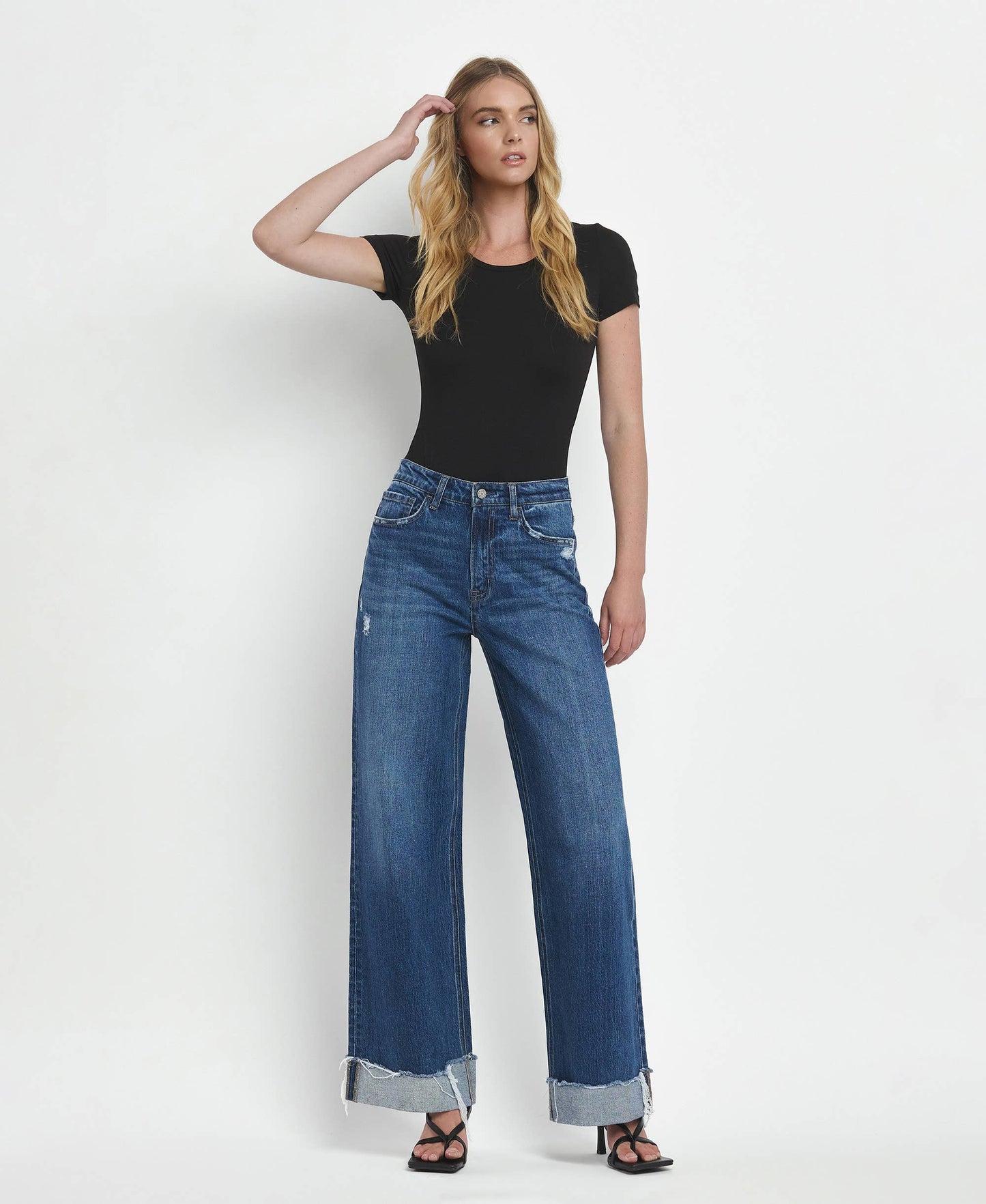 SUPER HIGH RISE CUFFED BAGGY WIDE JEANS T6614