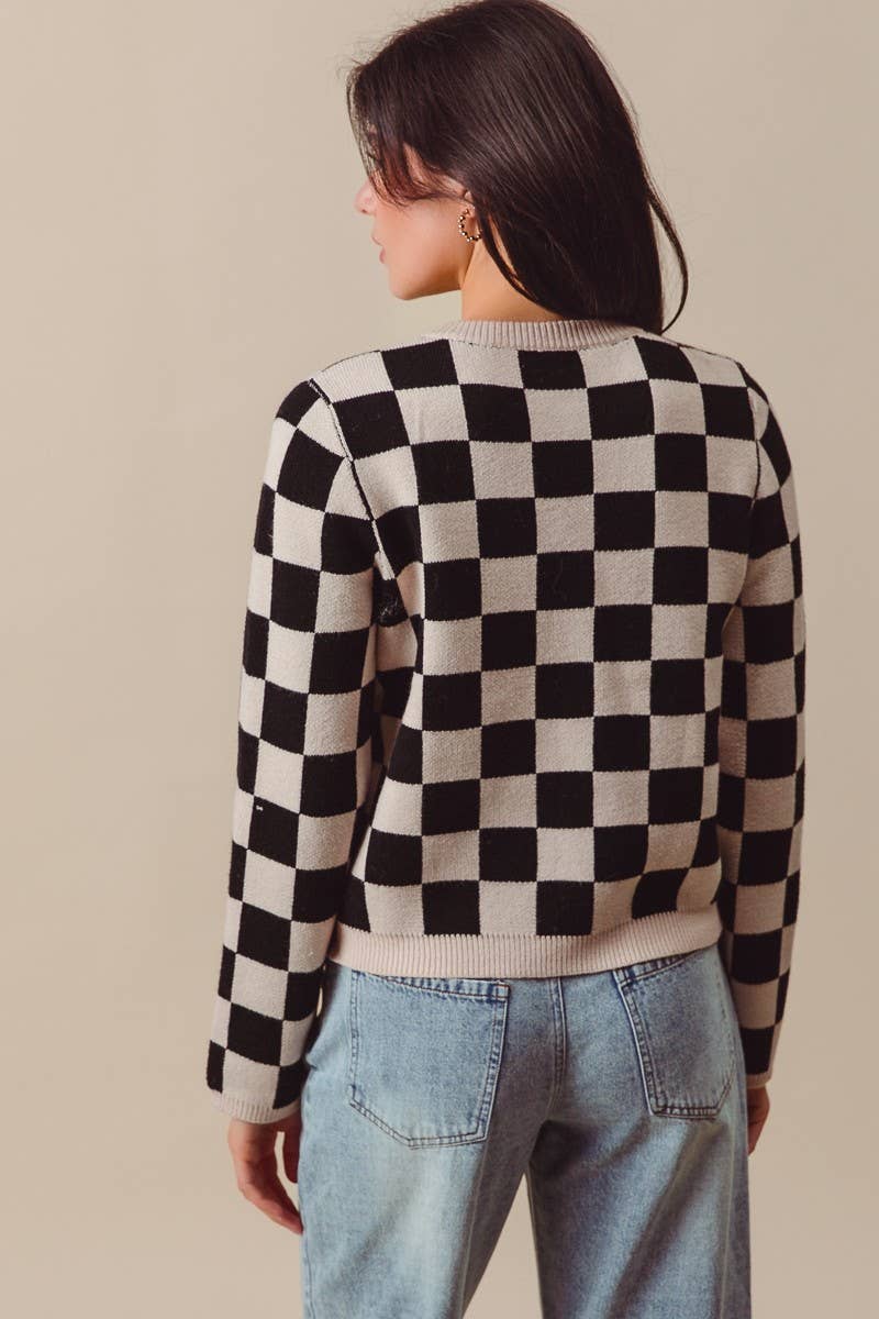 Tie Front Checkered Knitted Round Neck Cardigan