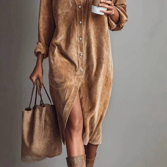 Women Corduroy Long Sleeve Shirt Dress