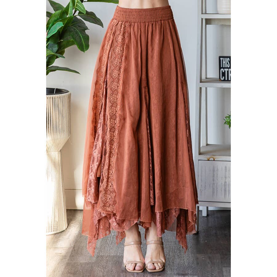 CHIFFON LACE MIXED OVERLAY A-LINE MIDI SKIRT