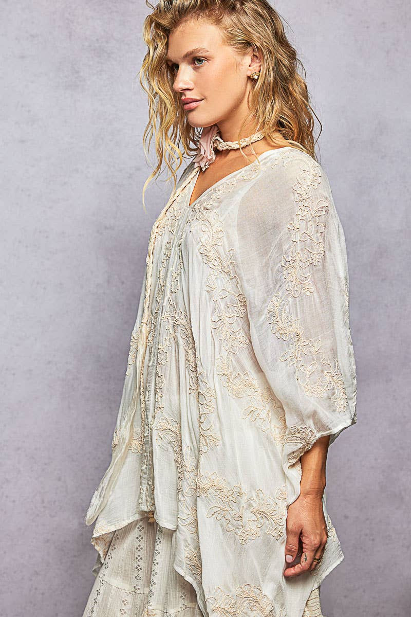 V-Neck 3/4 Sleeve Embroidered Kimono Top with Back Tassel