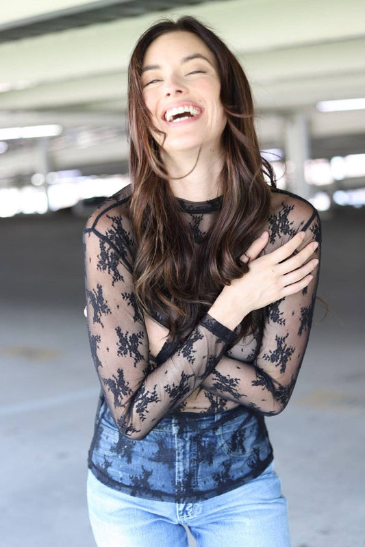 Black LACE LONG  SLEEVE TOPS