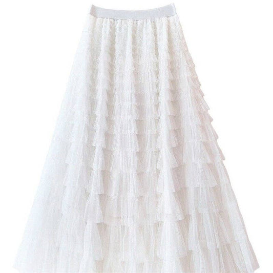 Solid Color High-Waisted Tulle Puffy Midi Skirt