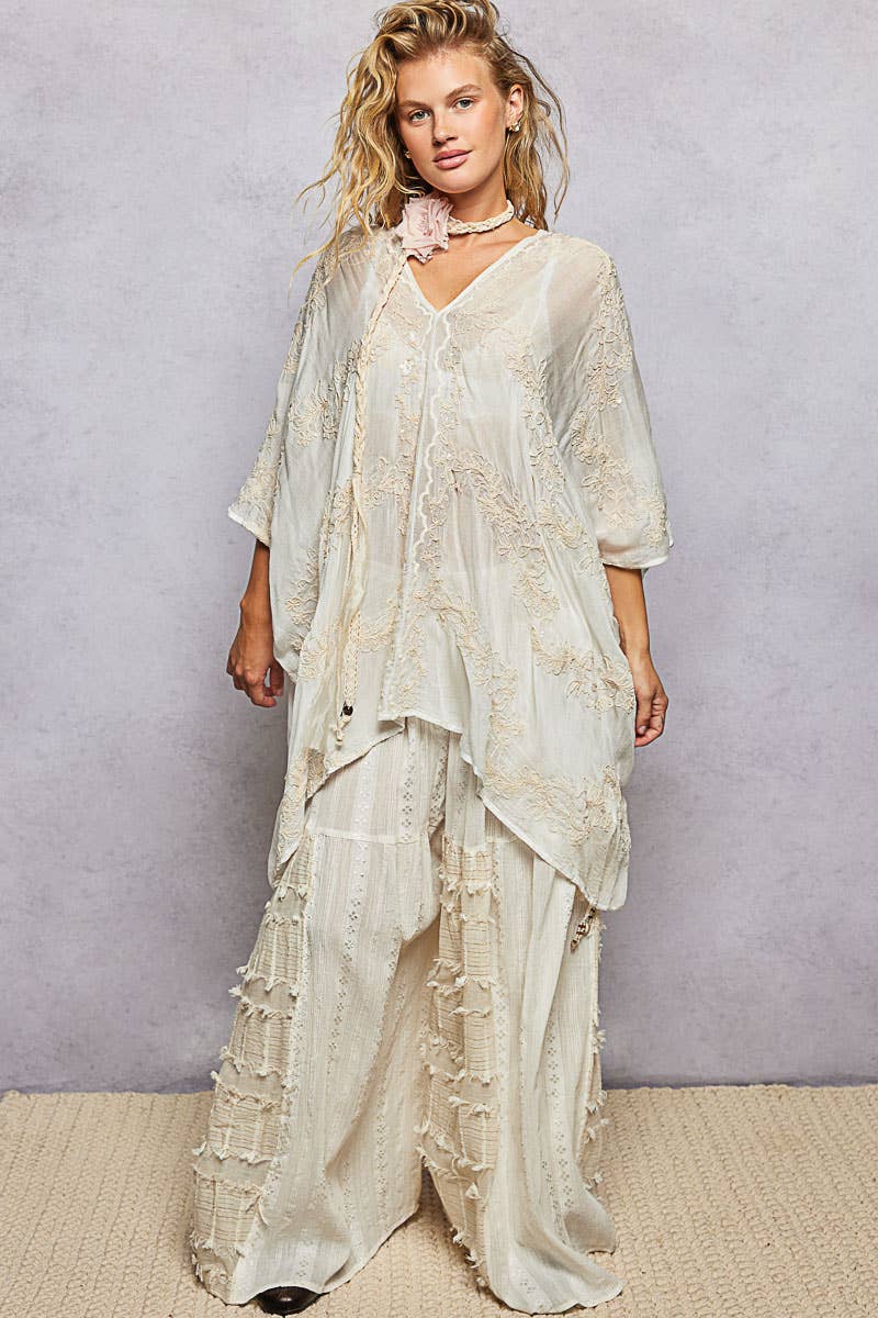 V-Neck 3/4 Sleeve Embroidered Kimono Top with Back Tassel
