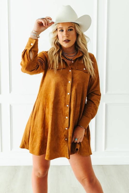 Camel Suede Pearl Snap Button Down Dress