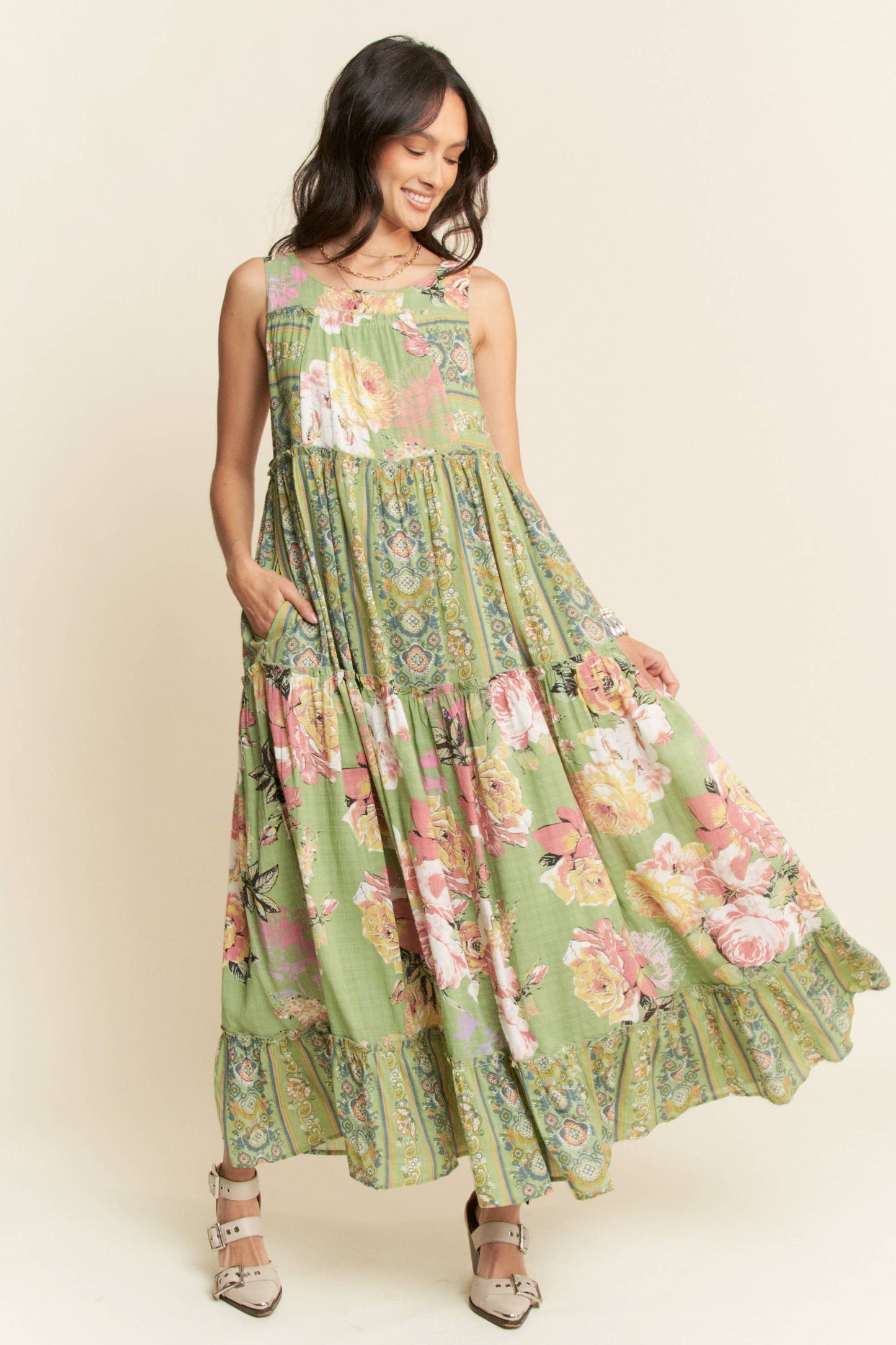 FLORAL BOHO STRIPE MIXED FULL SKIRT MIXI DRESS