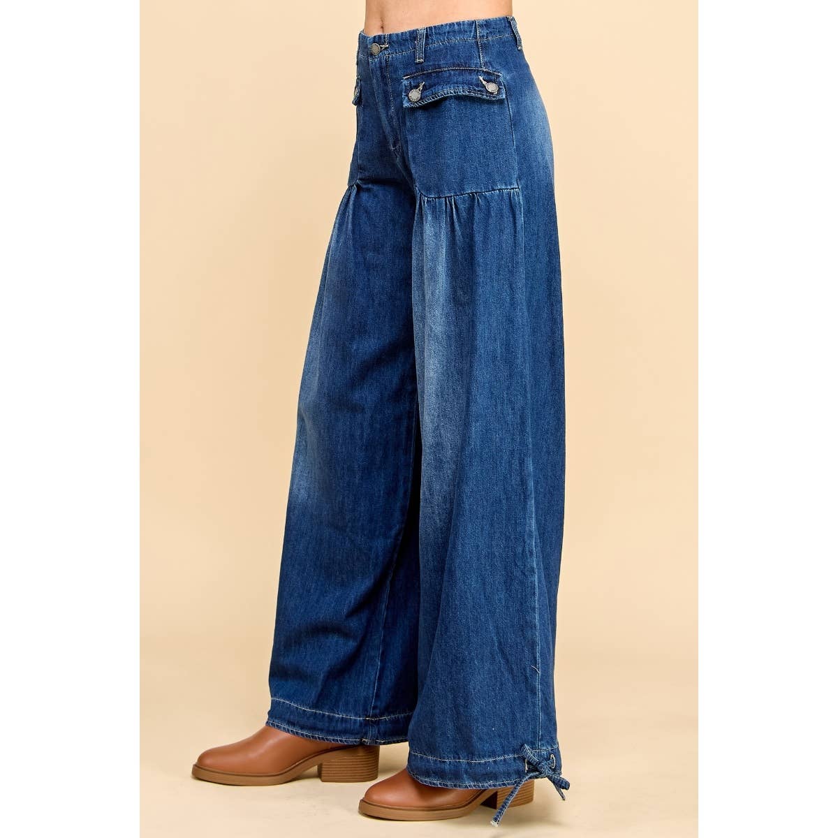 Ankle Drawstring Wide Denim Pants