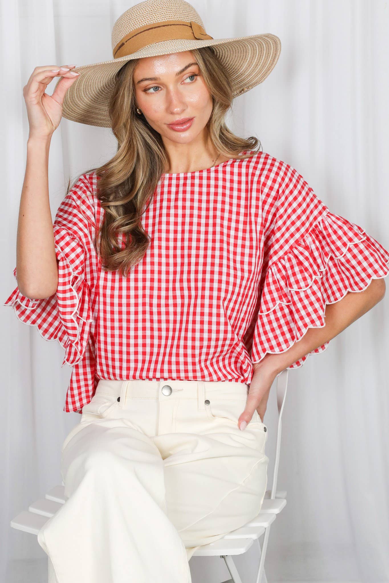 Charming Gingham Scallop Edge Wild Ruffle Cotton Top VT83548