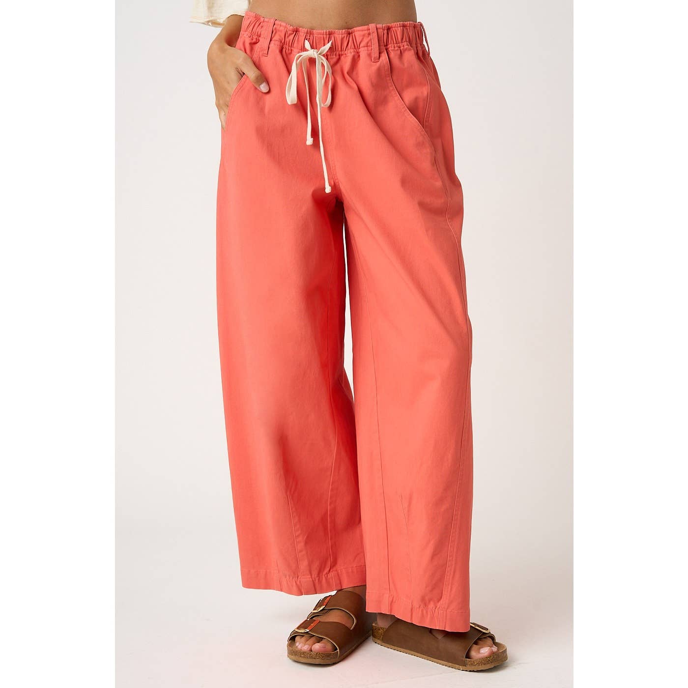 WIDE BARREL LEG DRAWSTRING ELASTIC WAIST PANTS