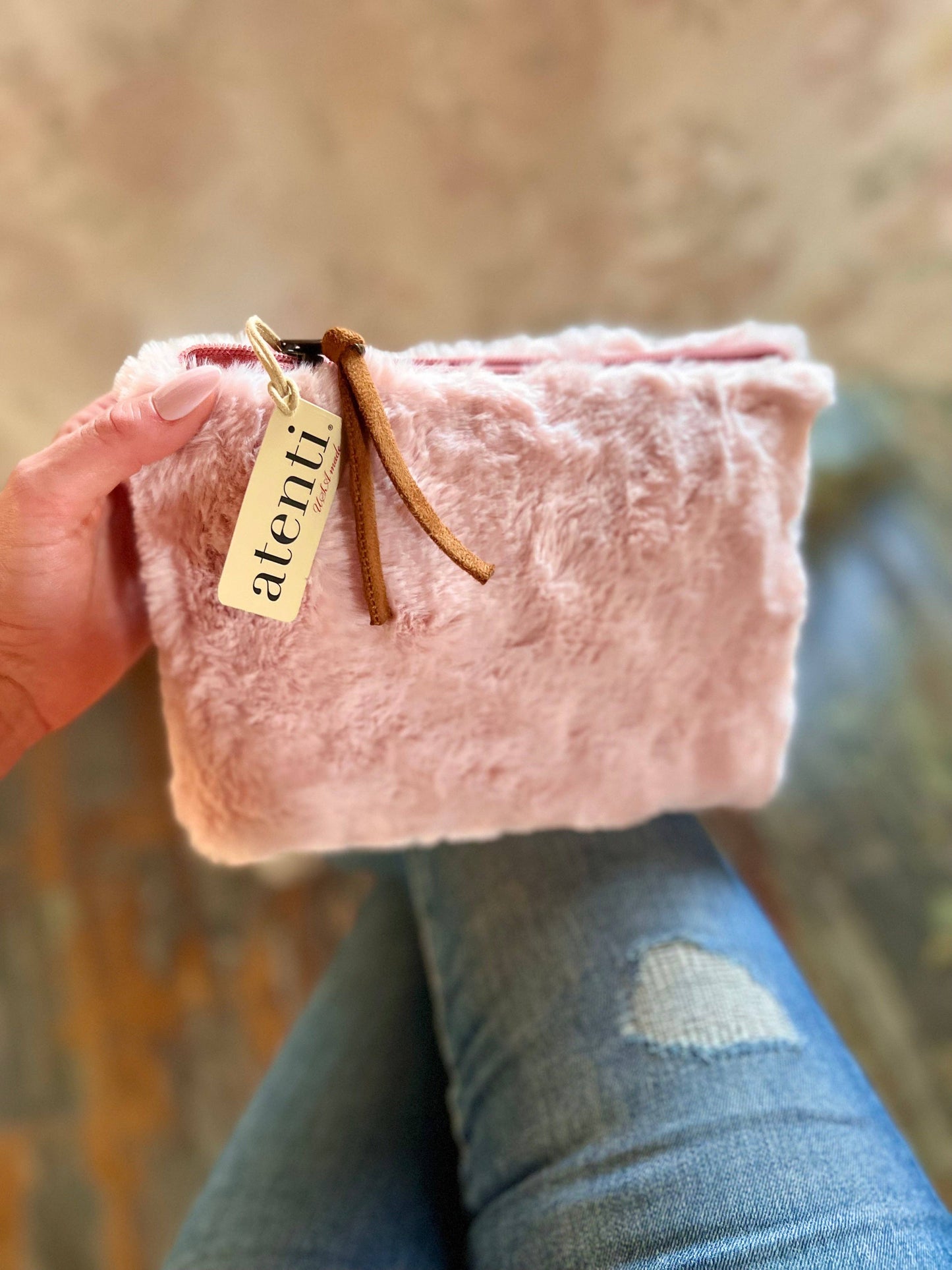 Pink Vegan Fur Zipper Accessories Pouch Clutch