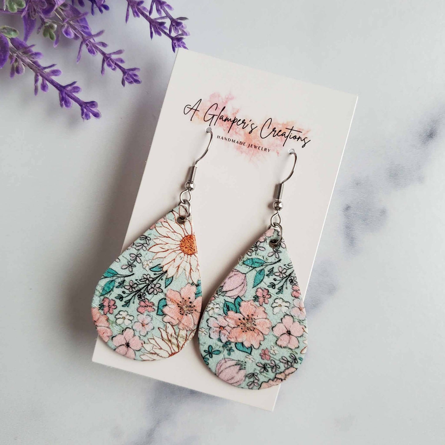 Boho Floral on Light Blue Teardrop Leather Earrings